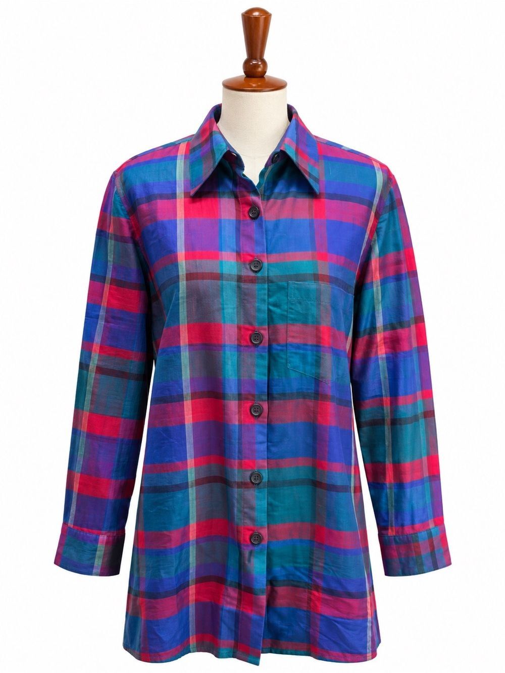 Plaid Multicolor Holiday Women’s Silk Cotton Oversized Fit Button Down Top Shirt